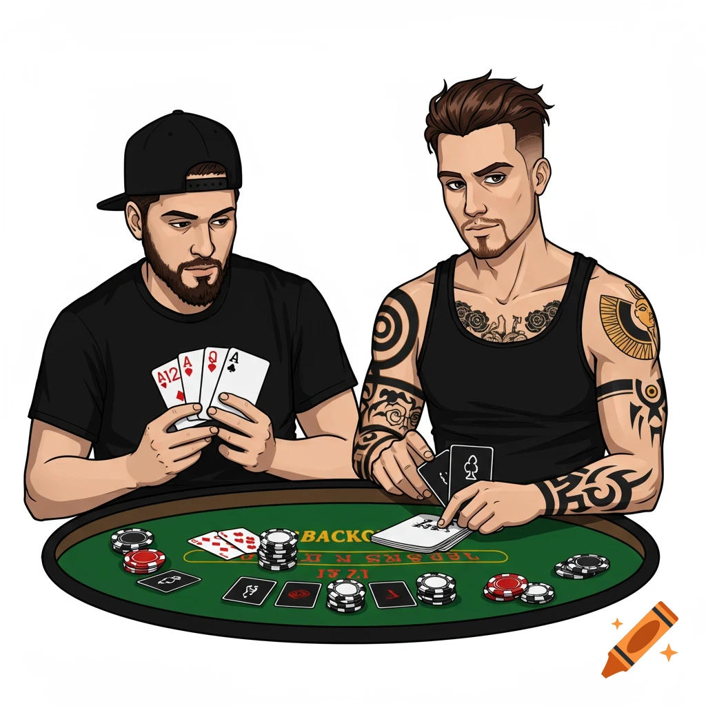 Illustration of two men playing poker at a green table.