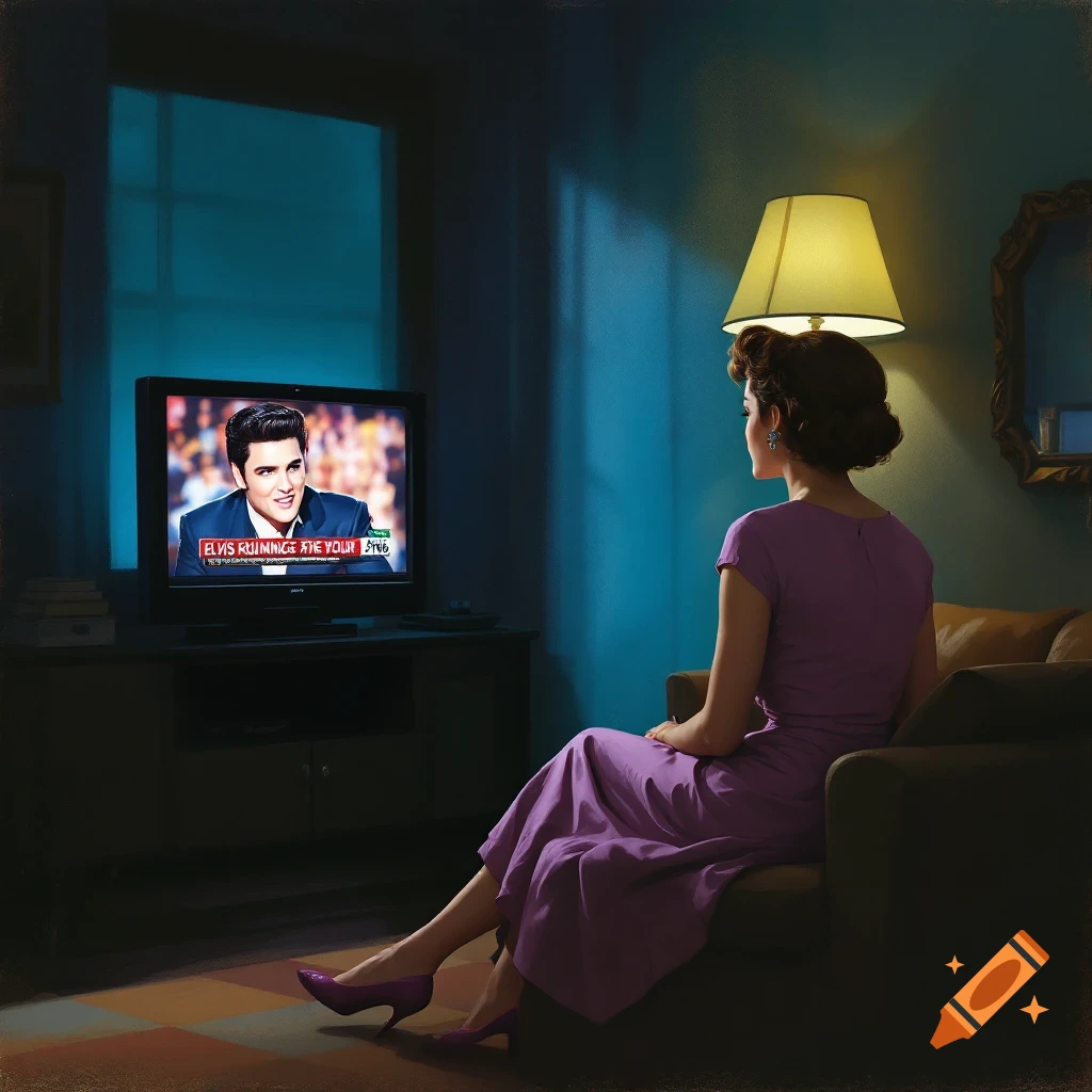 A 1950s woman sits on a couch watching a TV screen showing Elvis.