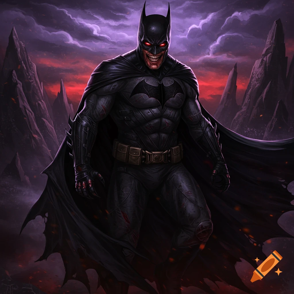 Evil Batman with red eyes and a grin in a dark, rocky landscape.