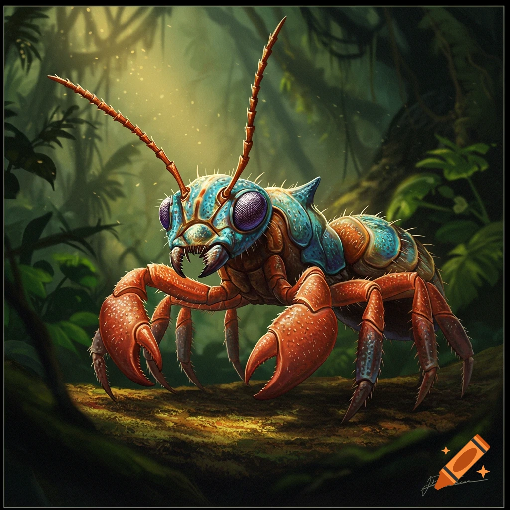 A colorful ant-crab hybrid creature stands on a log in a jungle.