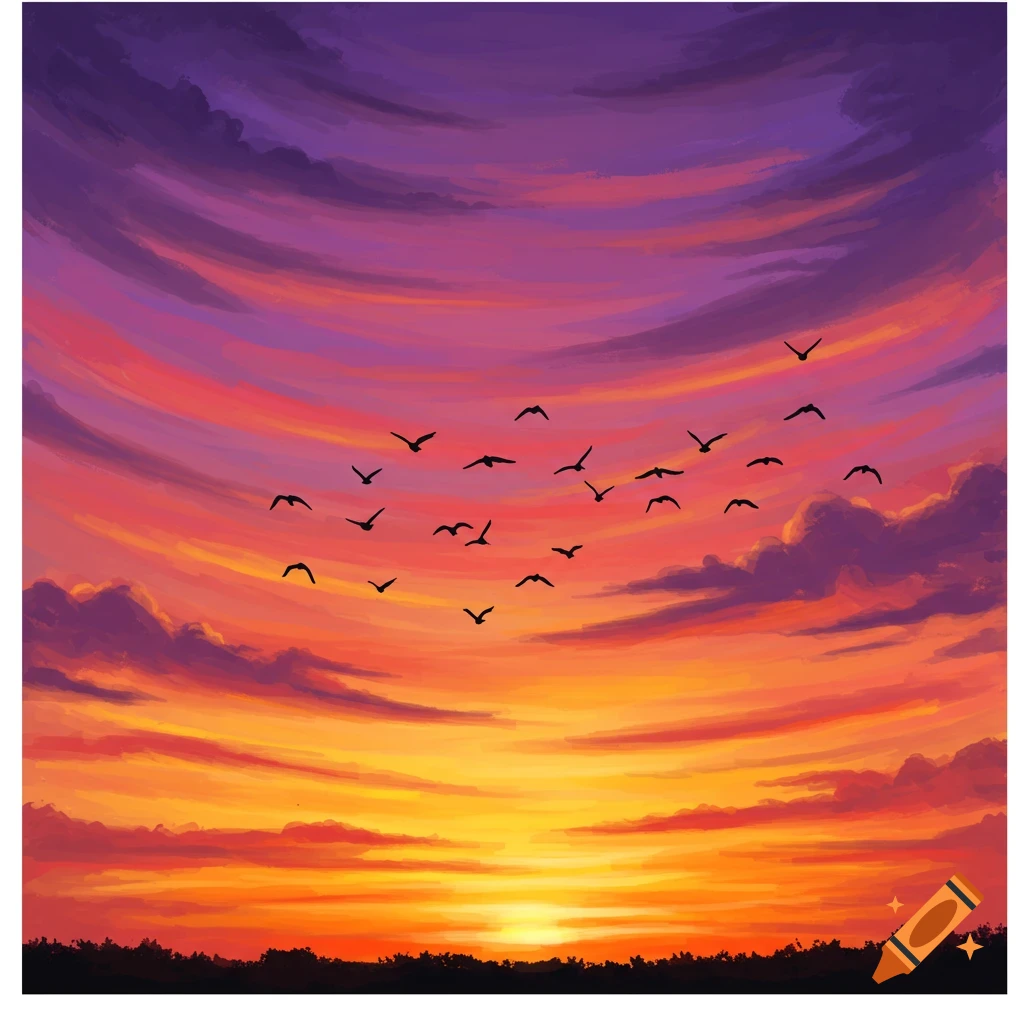 A vibrant sunset sky with silhouetted birds flying over trees.