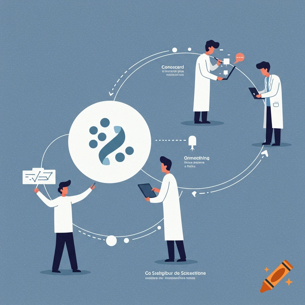 Illustration of scientists interacting with a diagram symbolizing research connection and data flow.