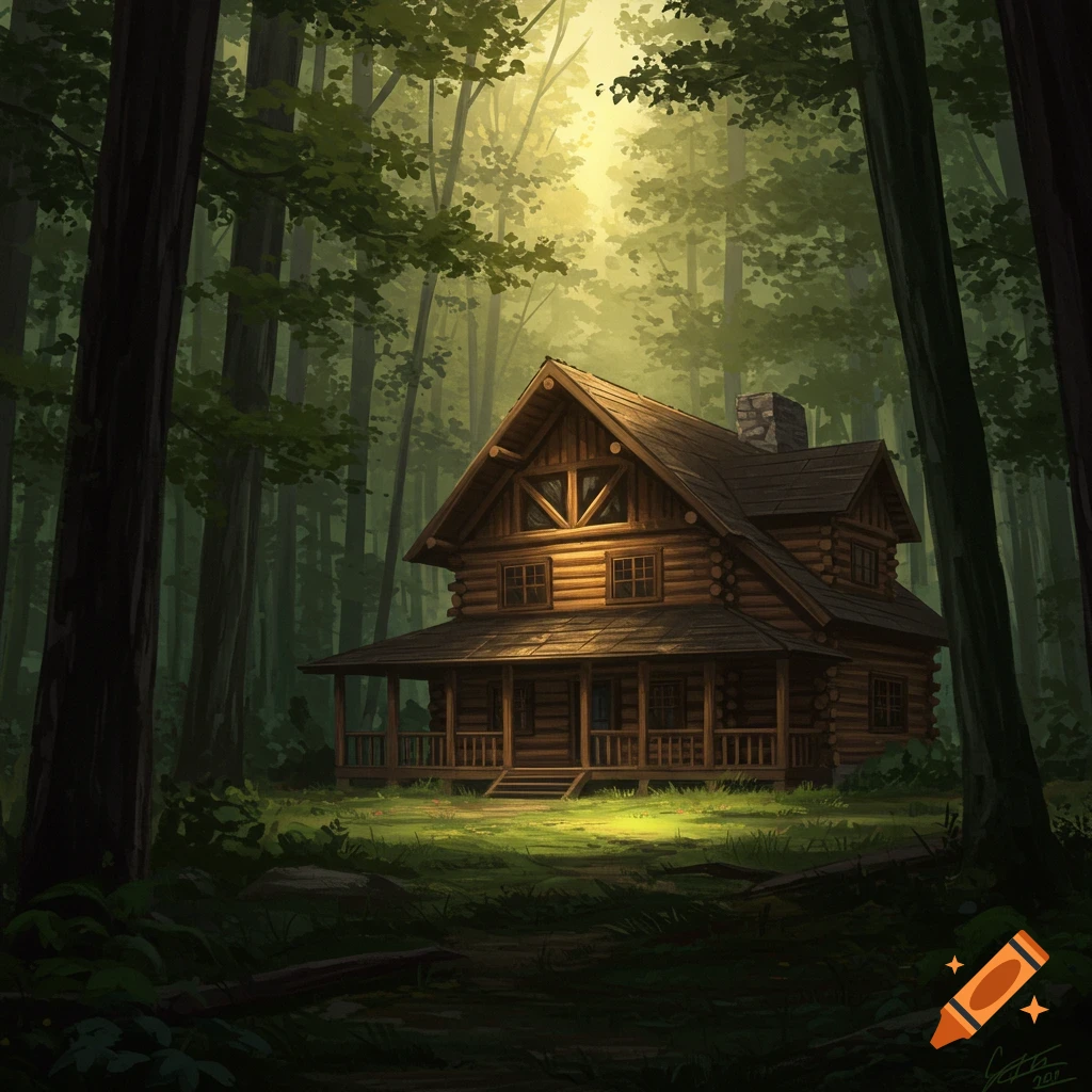A wooden log cabin sits in a sunlit clearing in a dense forest.