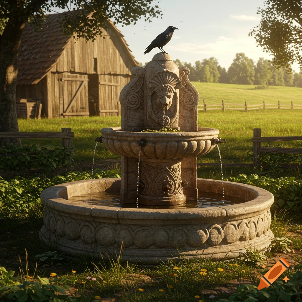 A stone fountain with a crow perched on it in a sunny farmyard with a barn and field.