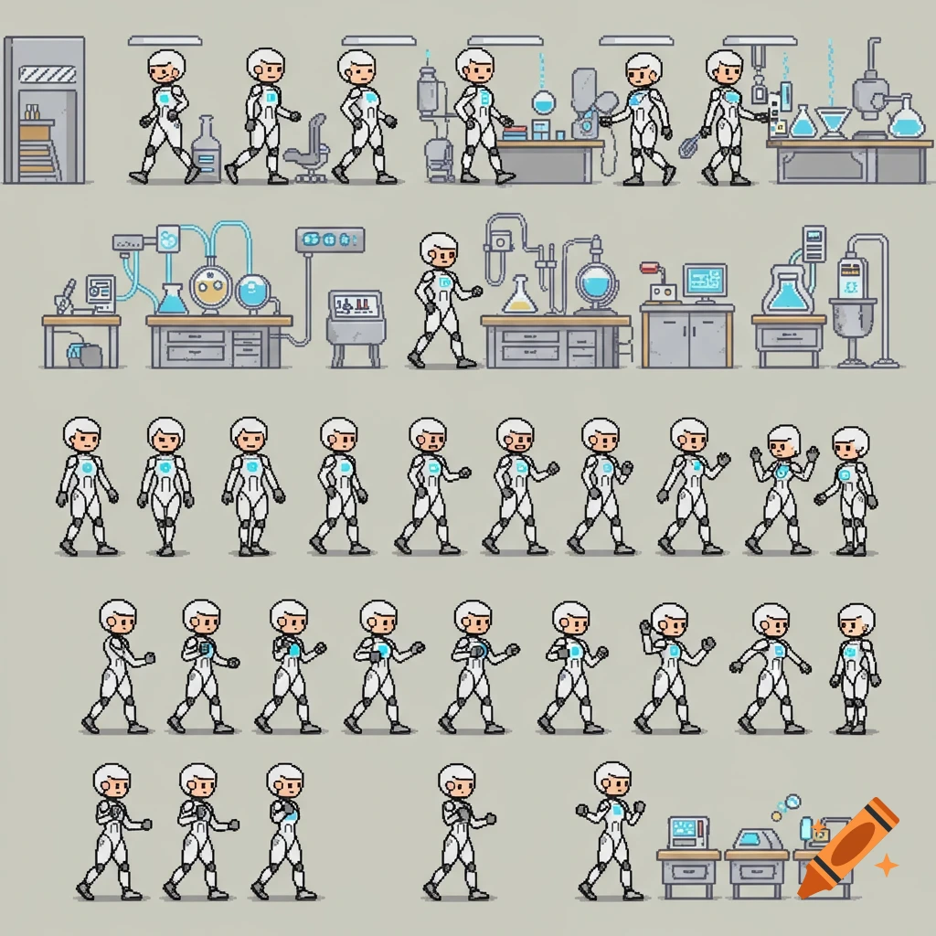 Pixel art spritesheet featuring a figure in a white suit and various beige laboratory scenes with equipment.