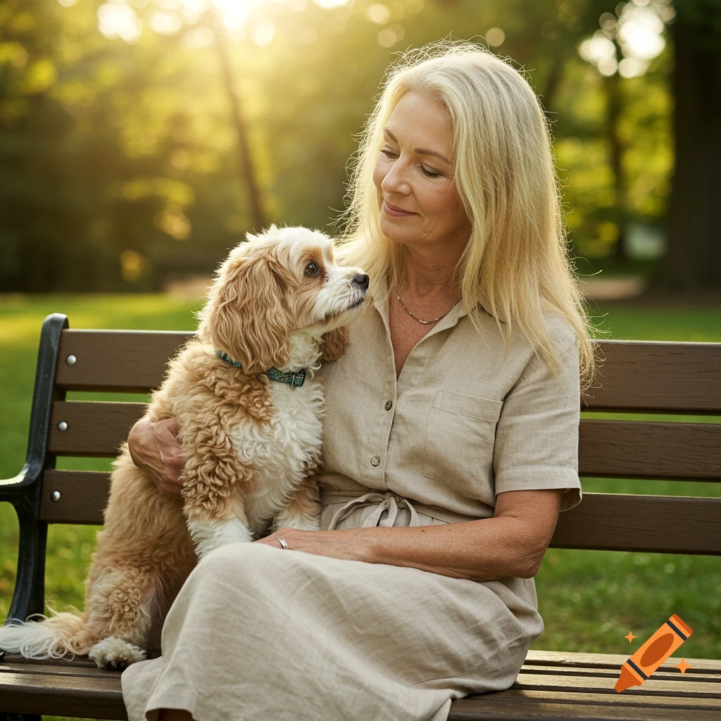 An older woman sits on a park bench, holding a small fluffy dog