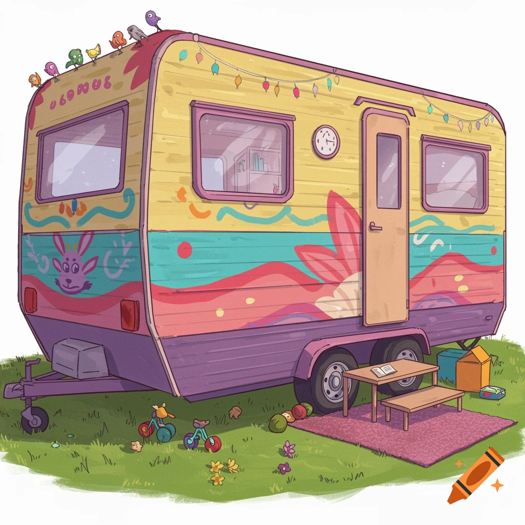Digital illustration of a colorful trailer designed for kids, with birds on the roof and toys on the grass.