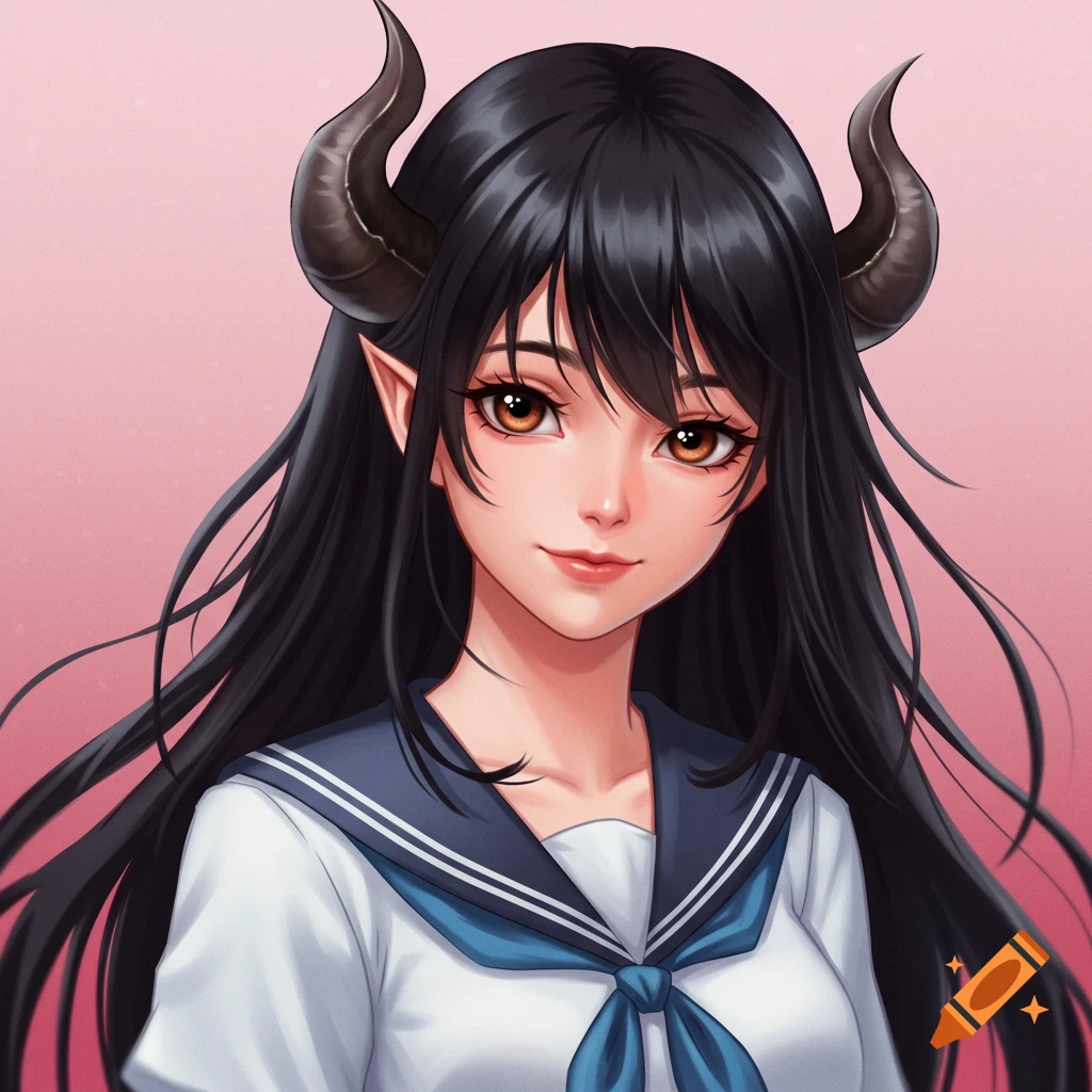 Anime portrait of a girl with black hair, brown eyes, horns, and pointed ears, wearing a sailor uniform.