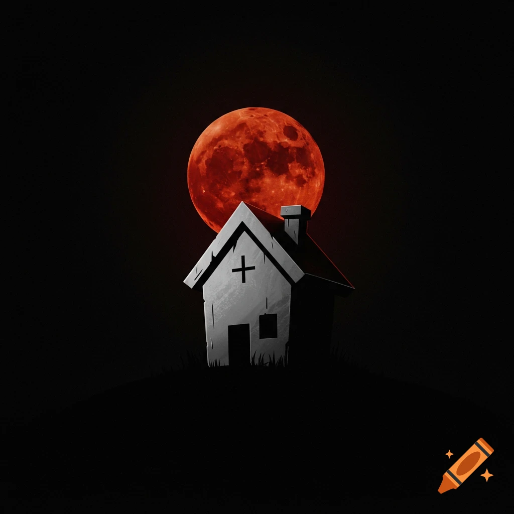 Minimalistic image of a house icon under a red moon.
