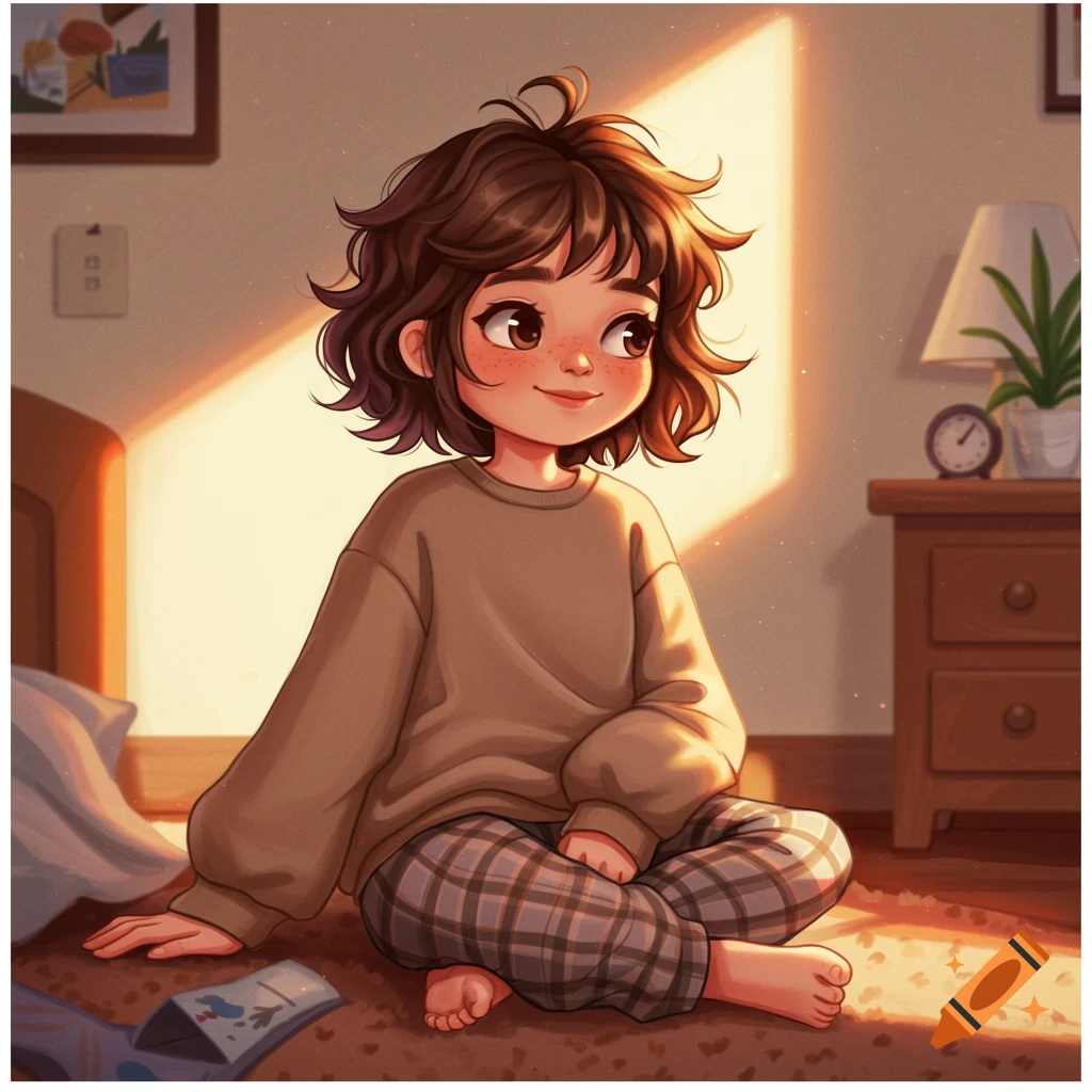 A cartoon illustration of a young girl sitting cross-legged on the floor in a sunny bedroom, wearing a brown sweatshirt and plaid pants.