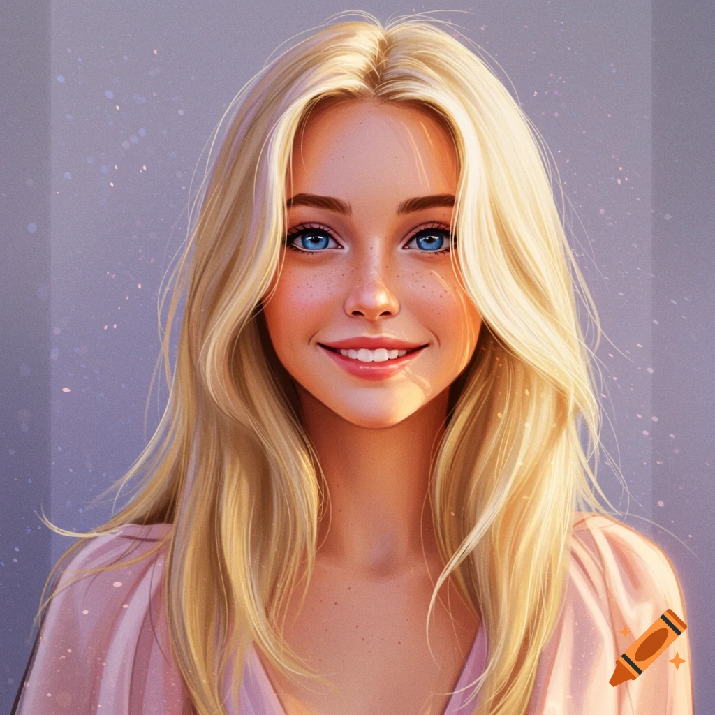 A portrait of a blonde woman with blue eyes and freckles, smiling.