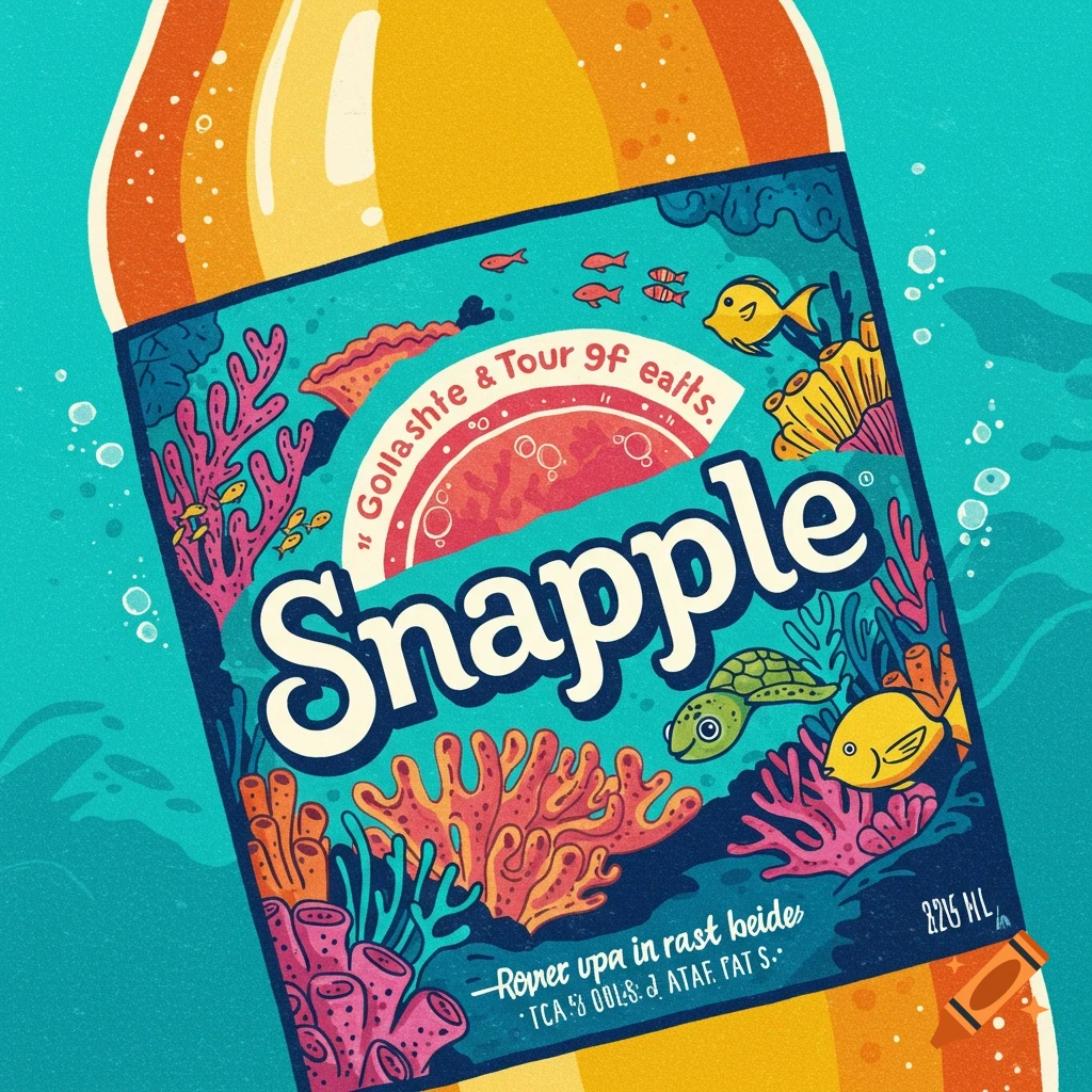 Digital illustration of a Snapple bottle with a colorful coral reef label design featuring fish and a turtle.
