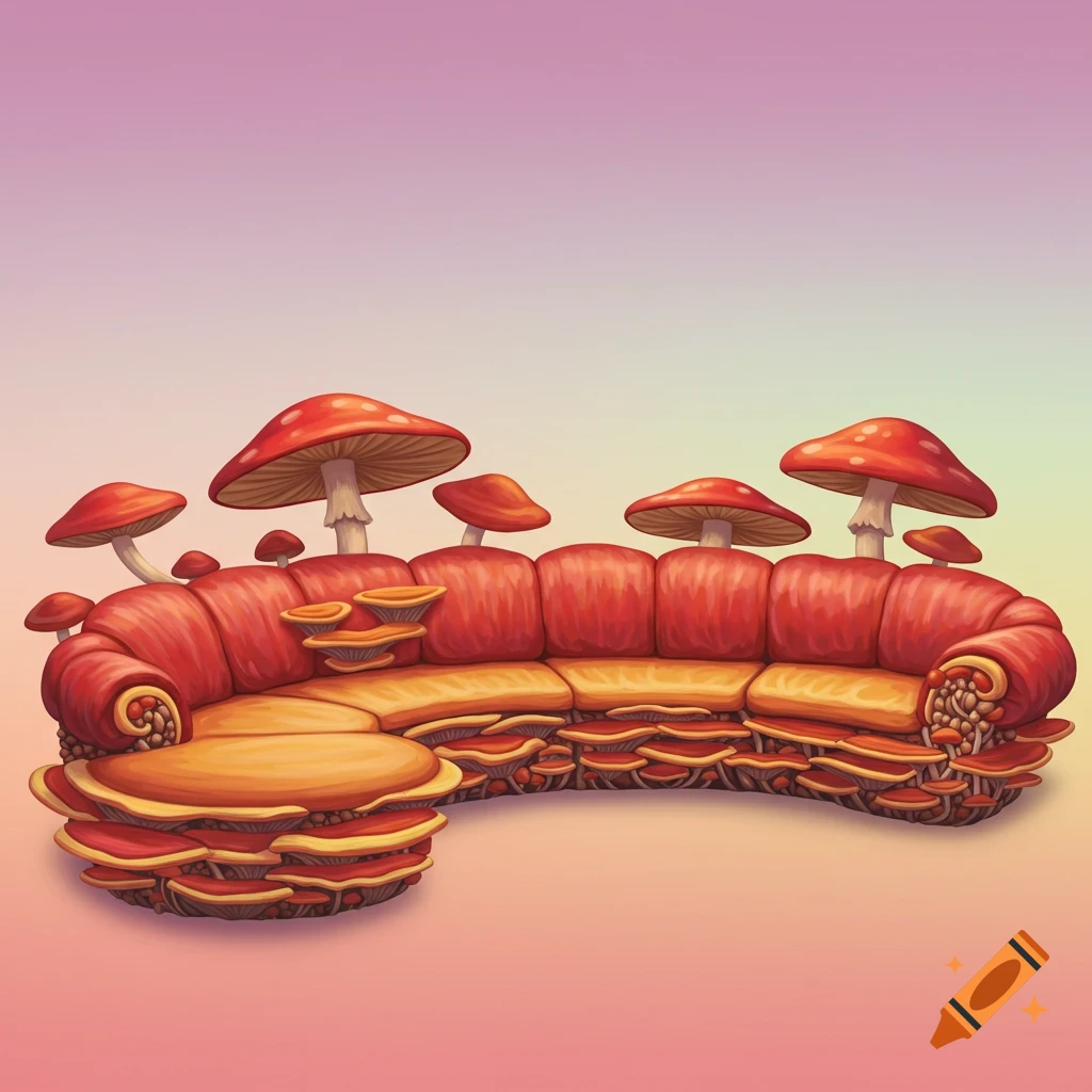 A sectional couch made of red and orange mushrooms.