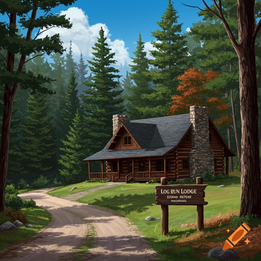 A log cabin in a forest with a dirt road and sign.