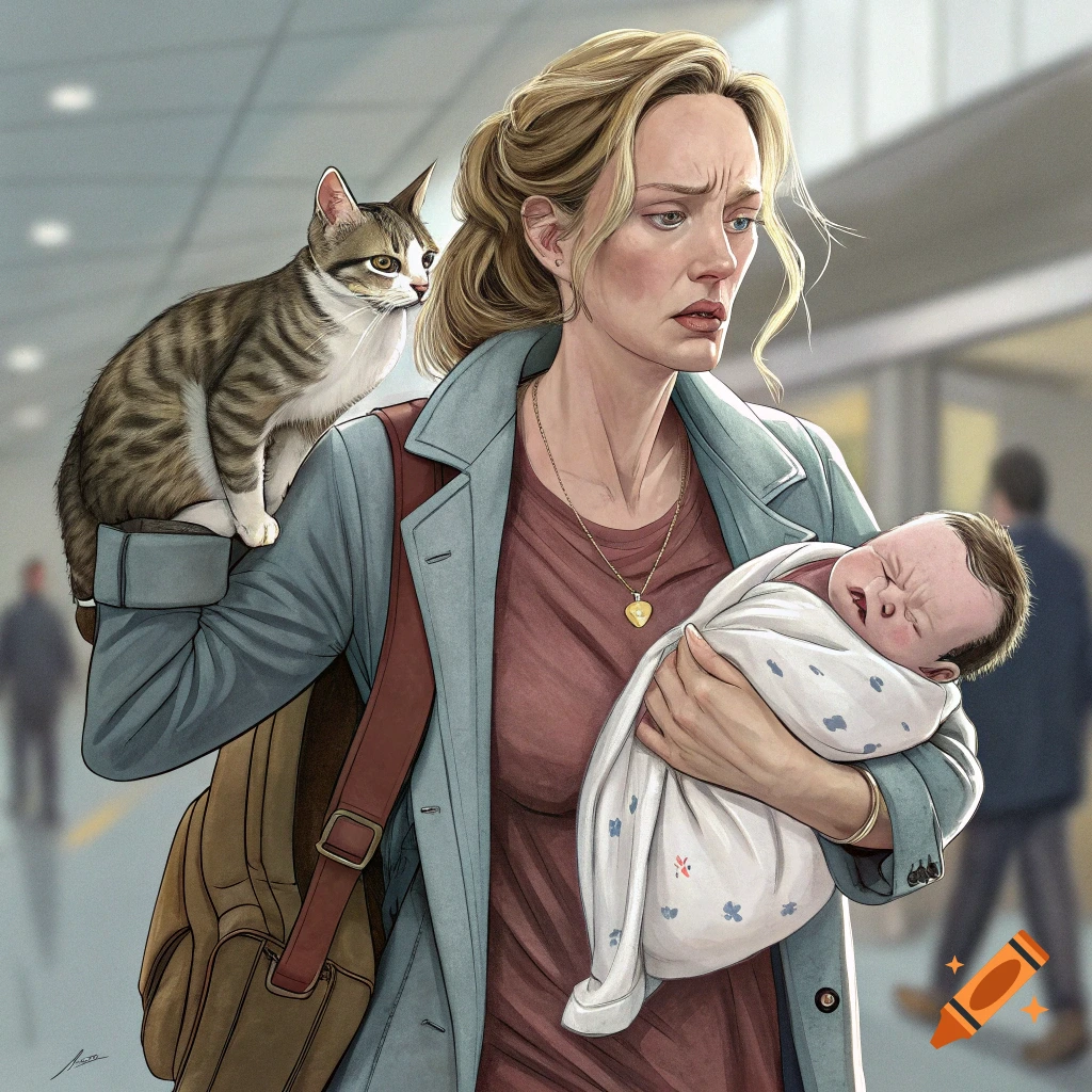 Illustration of a worried woman carrying a baby and a cat on her shoulder in a transit station.