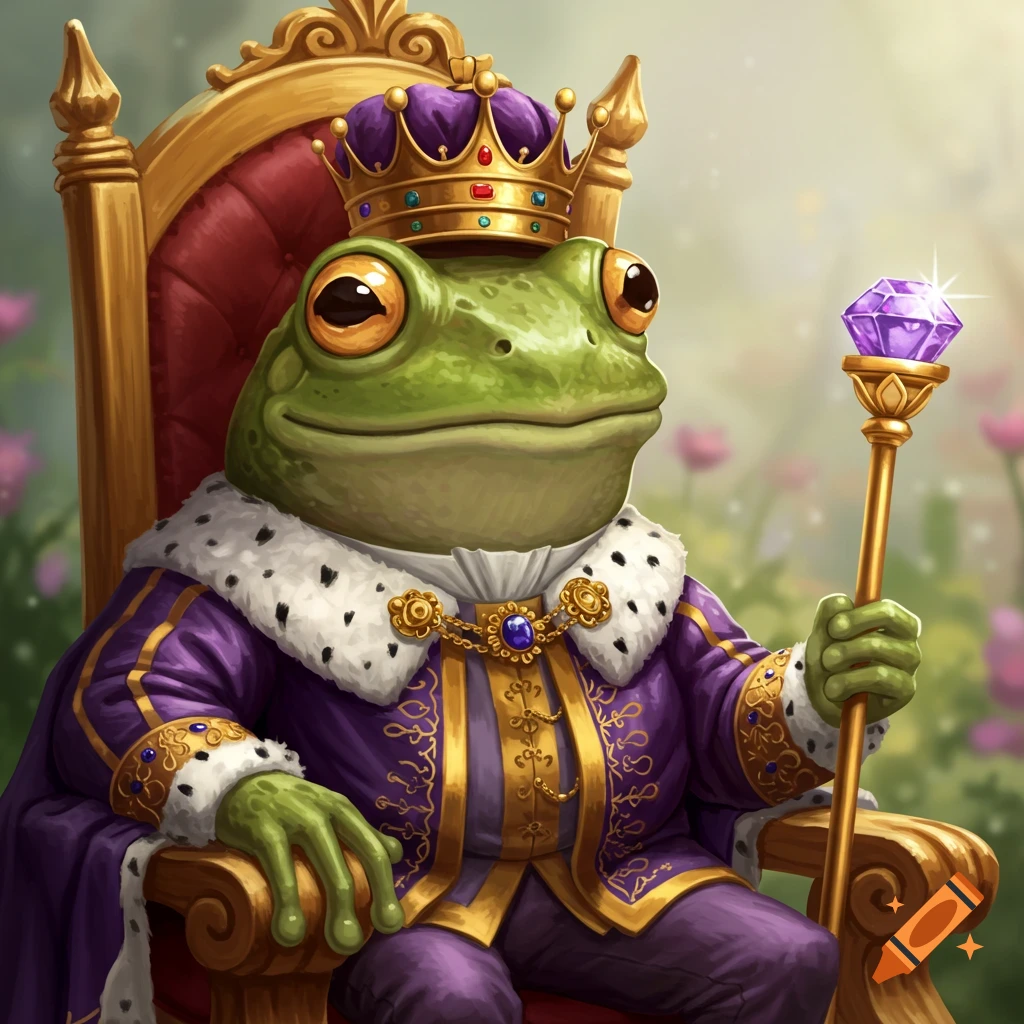 A frog king wearing a purple crown and robe, sitting on a throne in a garden, holding a scepter.