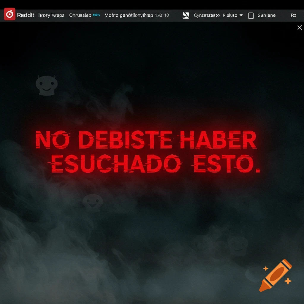 Spooky red text 'NO DEBISTE HABER ESCUCHADO ESTO.' on dark smoky background with faint figures.