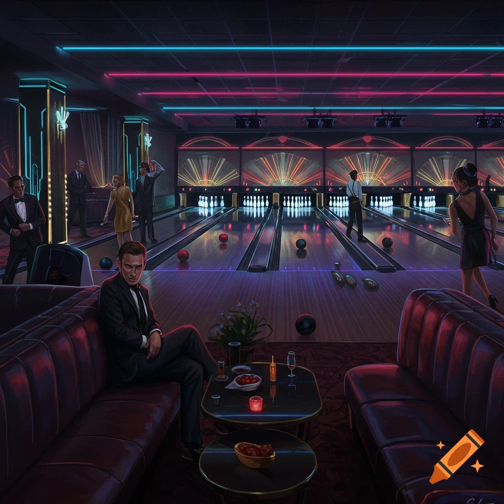 People bowling in a luxurious neon-lit alley, man seated in foreground.