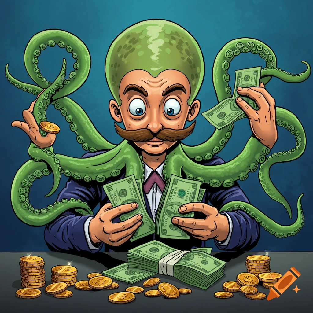 Cartoon octopus-headed man counting large stacks of money and coins.