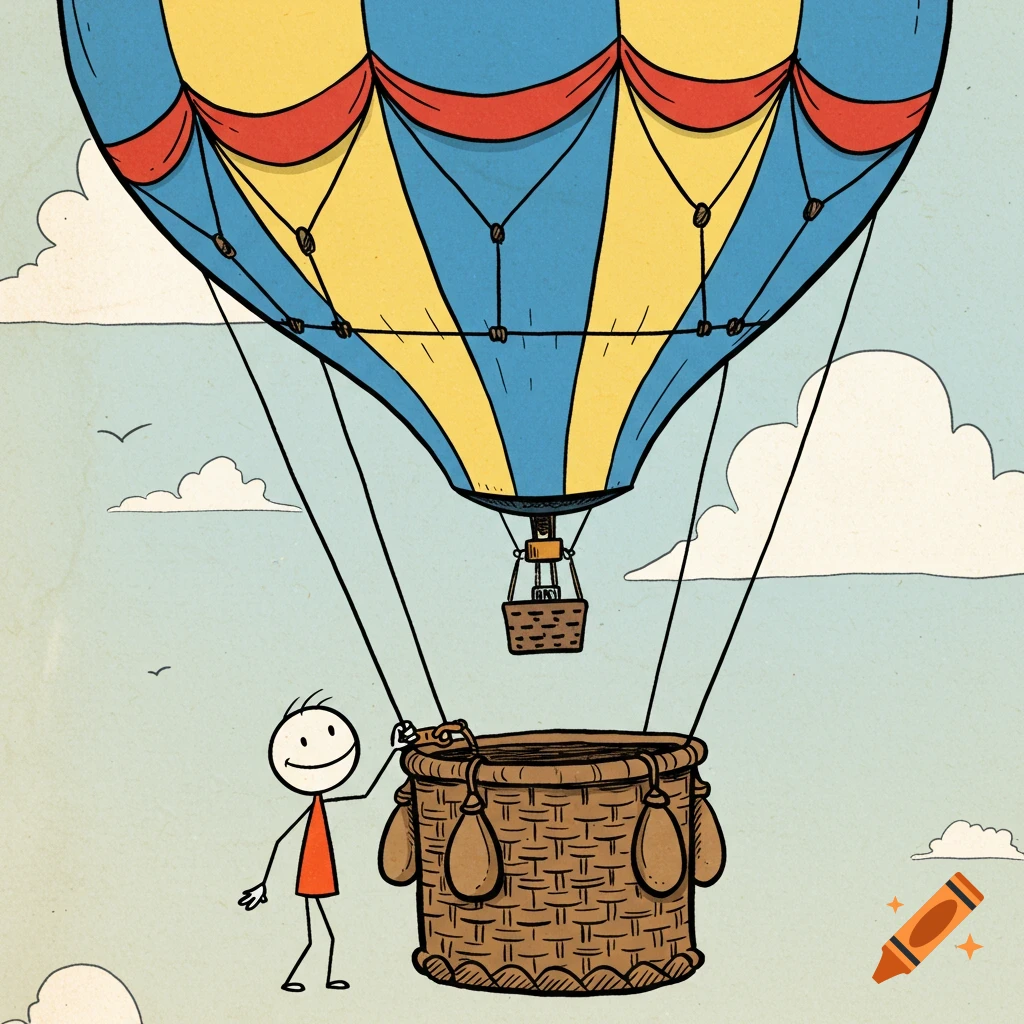 A stick figure stands next to a hot air balloon basket in the sky.