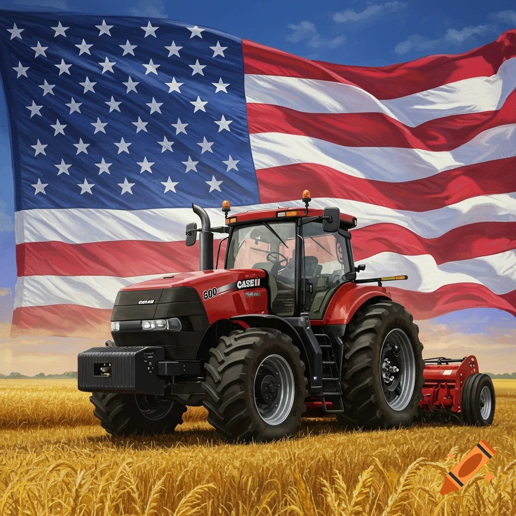 A red Case IH tractor sits in a field with a large American flag behind it.