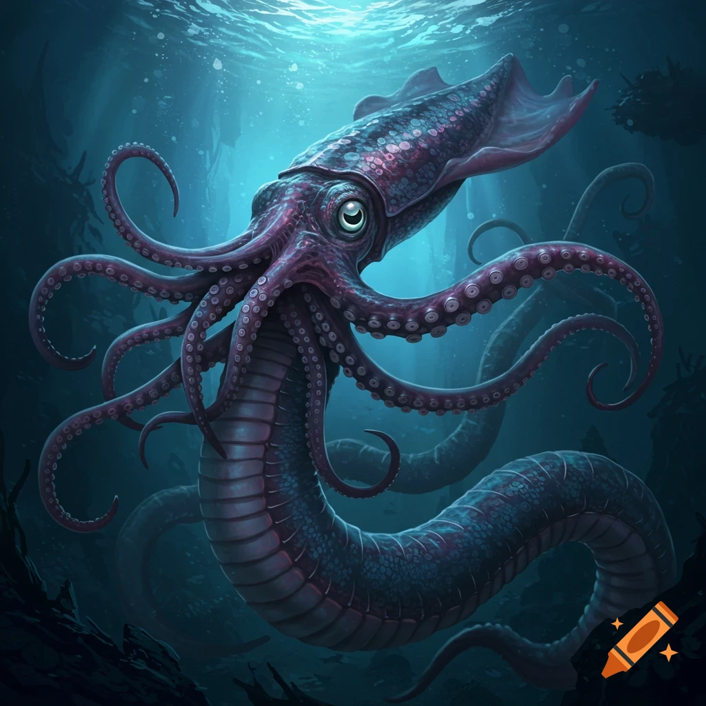 A giant squid-snake hybrid swimming underwater.
