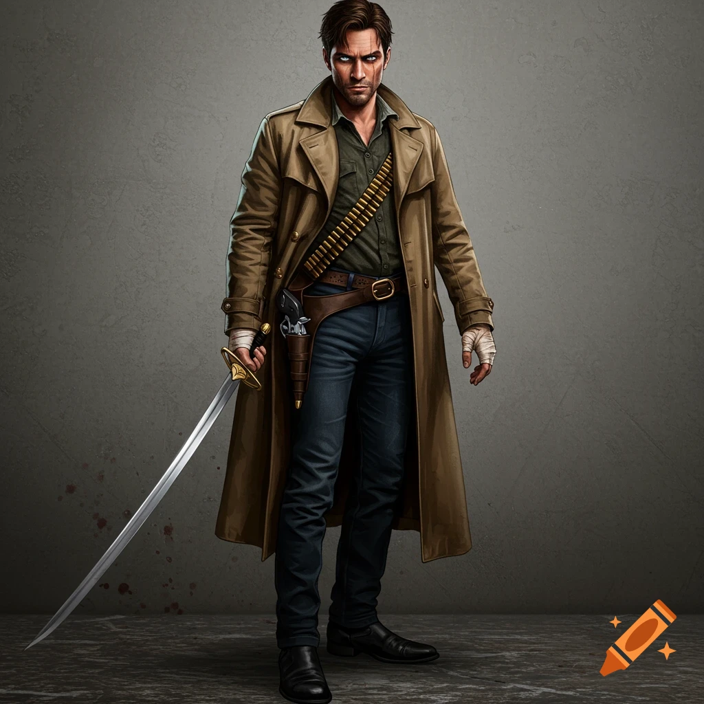 Illustration of a mysterious man in a trench coat with a sword, gun belt, and bandaged hand.