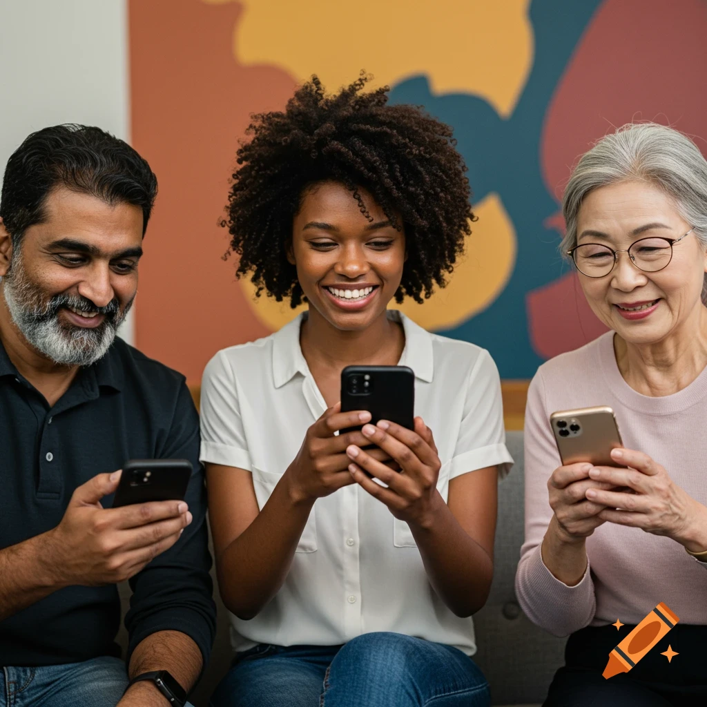 Three diverse adults smile while looking at their phones.