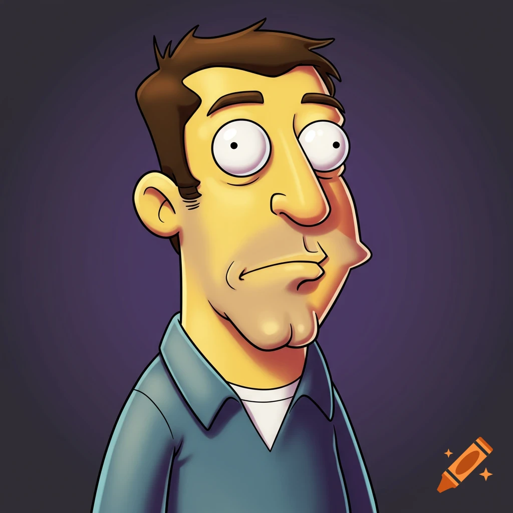 A cartoon portrait of a man with large eyes and a distinctive jawline, in the style of Family Guy or The Simpsons.