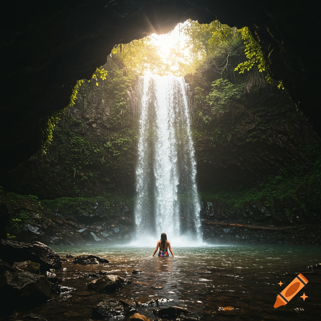 A person stands in water looking at a waterfall cascading into a pool inside a cave opening with sunlight.