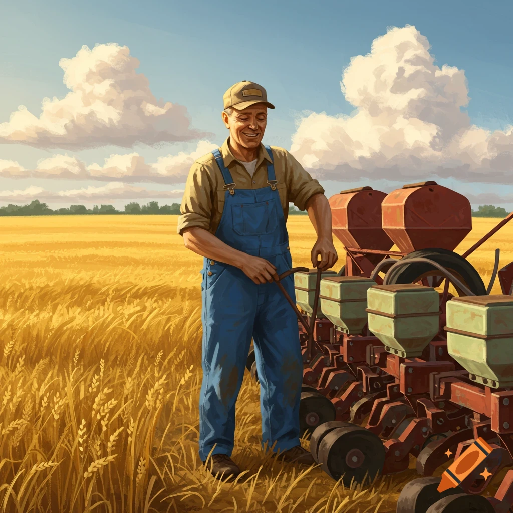 A farmer works with a planter in a golden field under a cloudy sky.