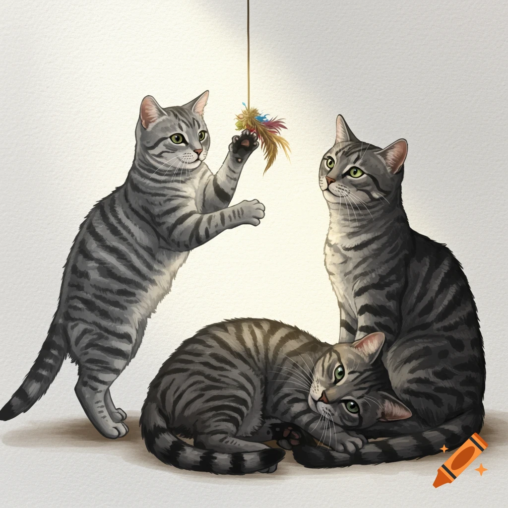 Three tabby cats playing with a feather toy