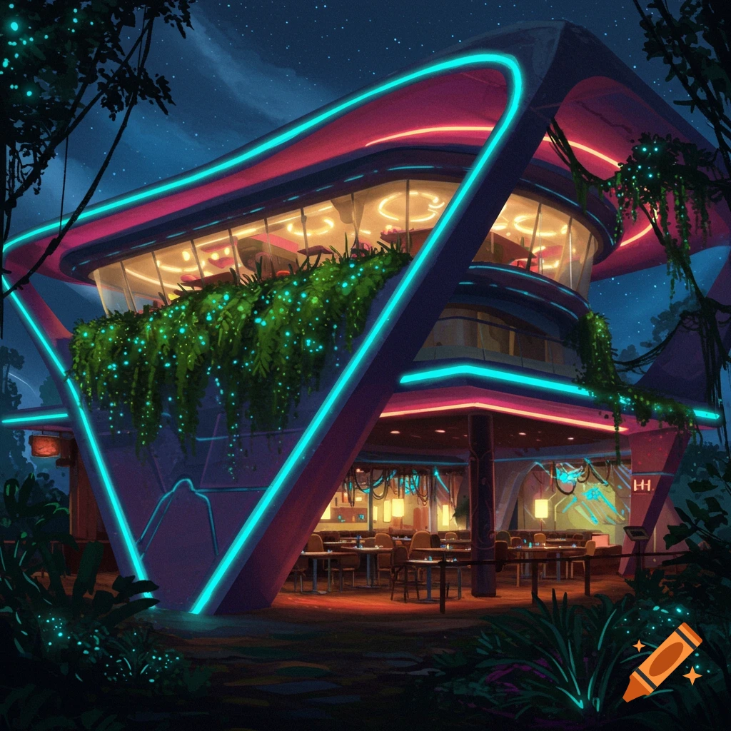 A futuristic restaurant building with neon lights in a jungle at night.