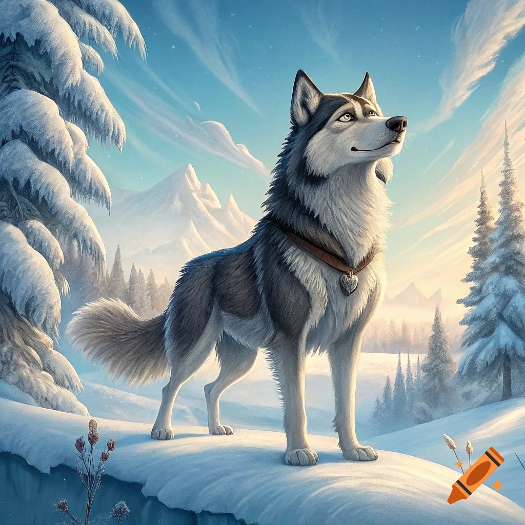 An illustration of a husky dog standing in a snowy mountain landscape.