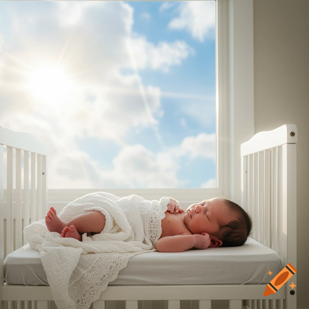A newborn baby sleeps peacefully in a crib by a window with sun streaming in.