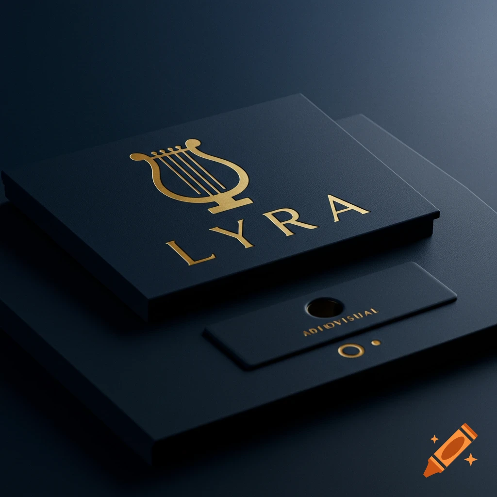 Gold Lyra logo on dark blue packaging mockup with smaller text below.