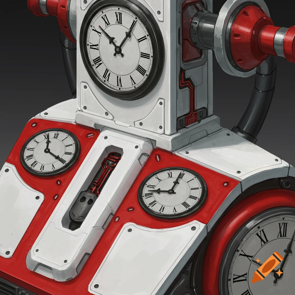 A white, red, and grey mechanical device with multiple clock faces.