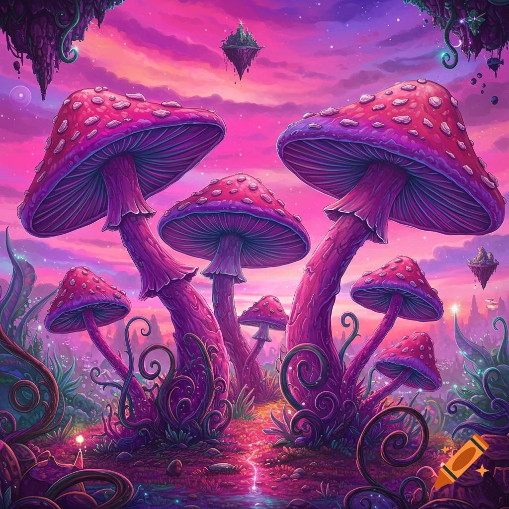 A vibrant image of large pink and purple mushrooms in a fantasy landscape with floating islands.
