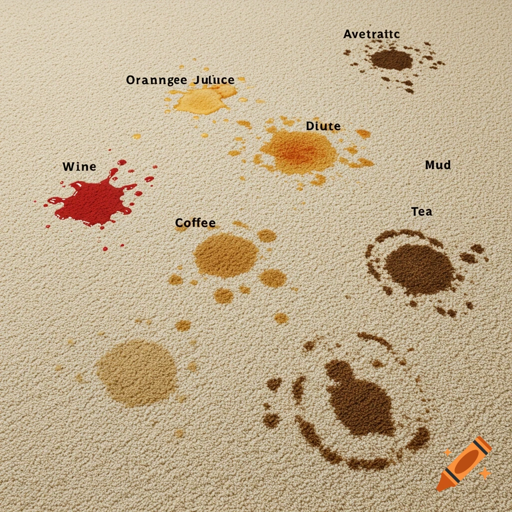 Various stains labeled wine, coffee, tea, mud, and others on a light beige carpet.