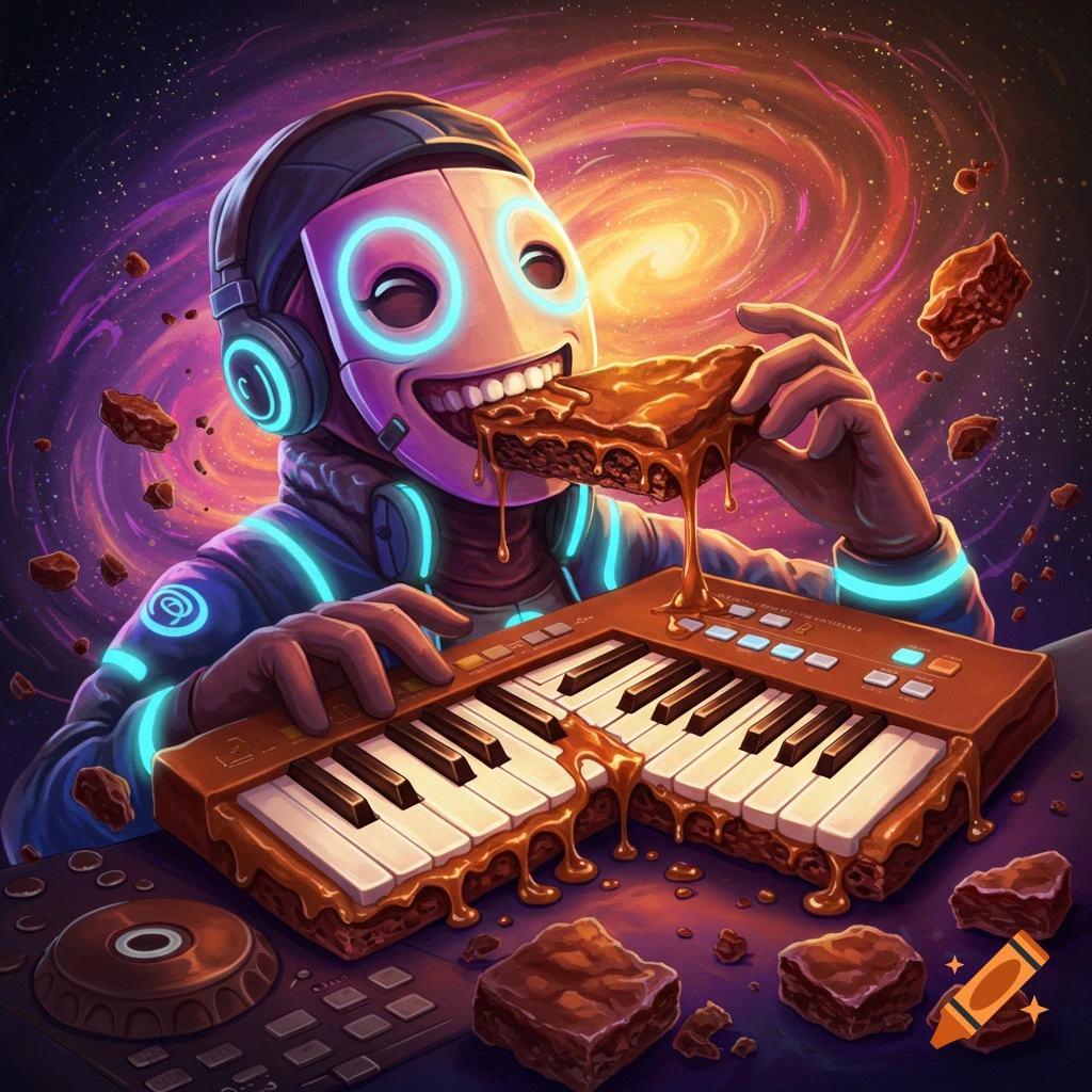 A masked DJ eating a brownie keyboard slice in space surrounded by floating brownies.