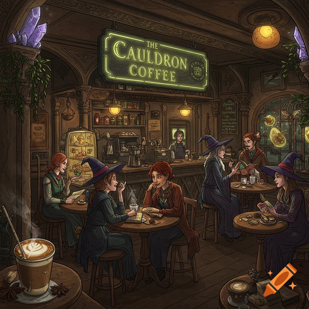 A magical coffee shop scene filled with witches and wizards. A neon sign above the counter reads "The Cauldron Coffee."