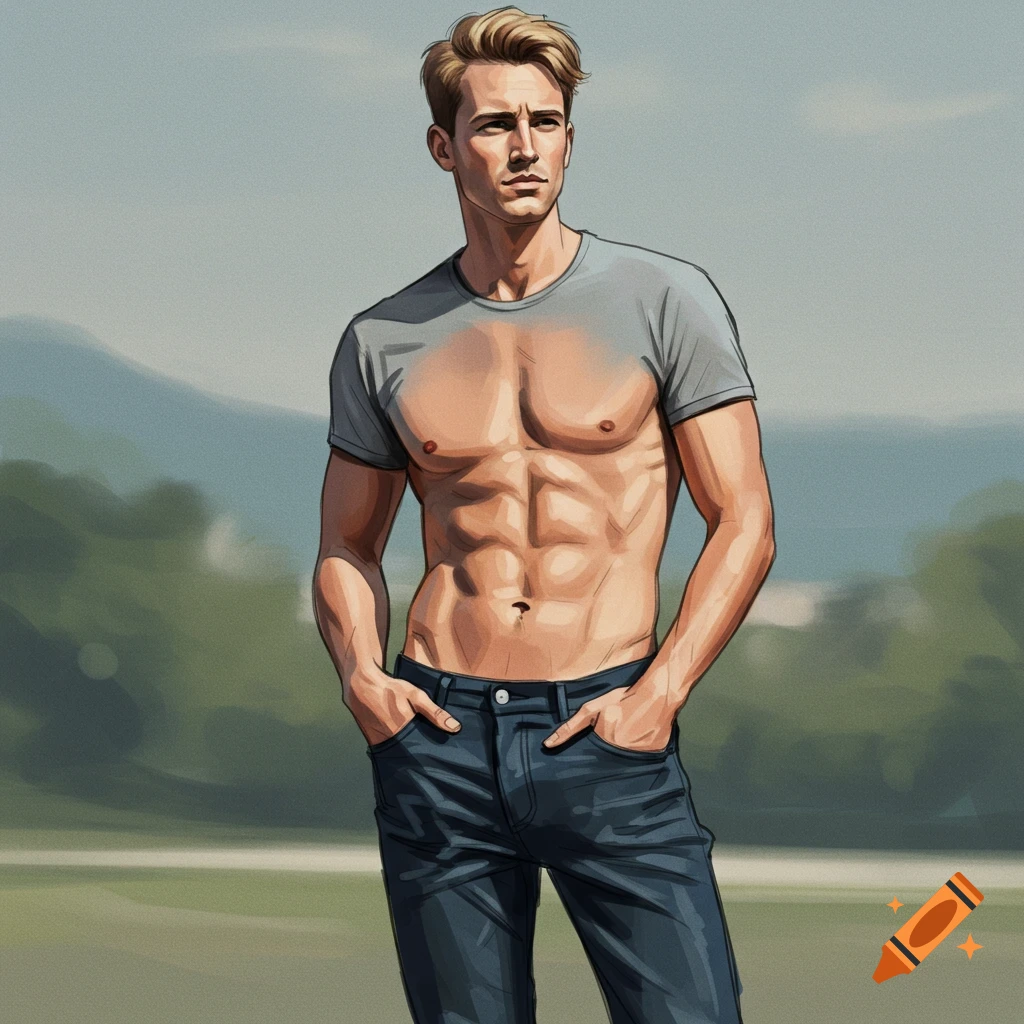 Digital sketch of a muscular man standing with hands in pockets outdoors