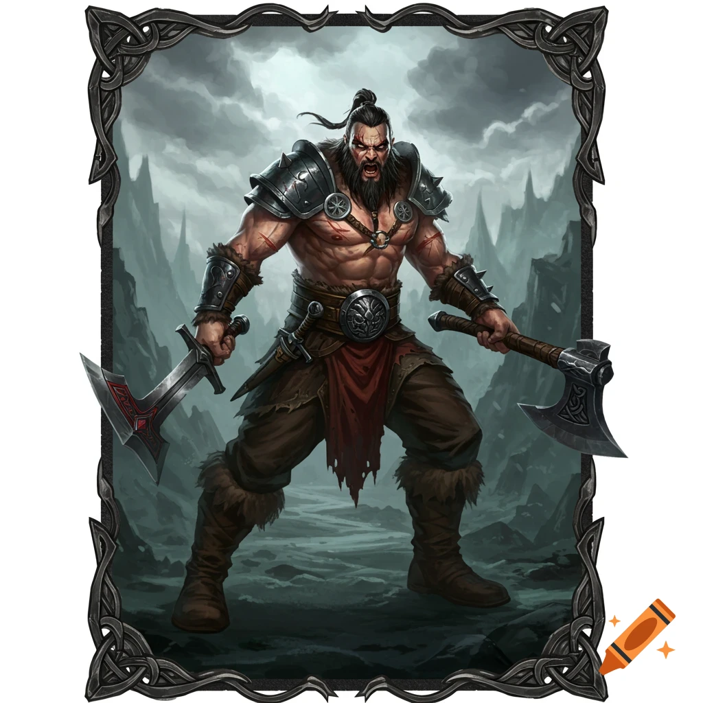 A fierce barbarian warrior dual wielding a sword and axe in a stormy mountainous landscape.