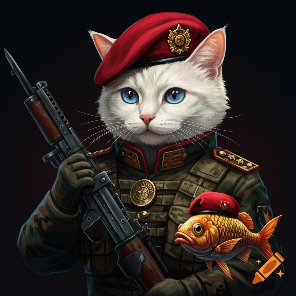 A white cat in military uniform and red beret holding a rifle, with a goldfish also in a red beret.