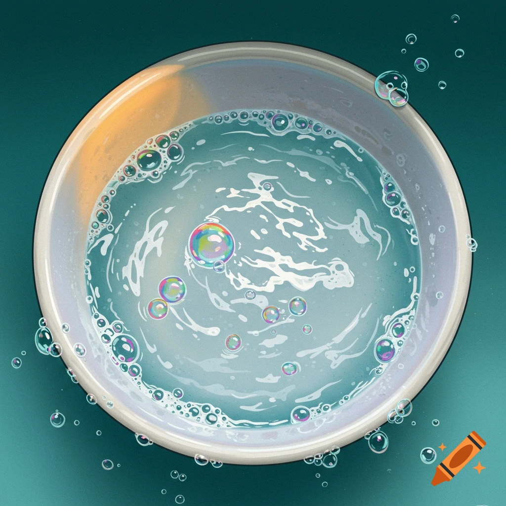 A bowl is filled with soapy water and bubbles, viewed from above.