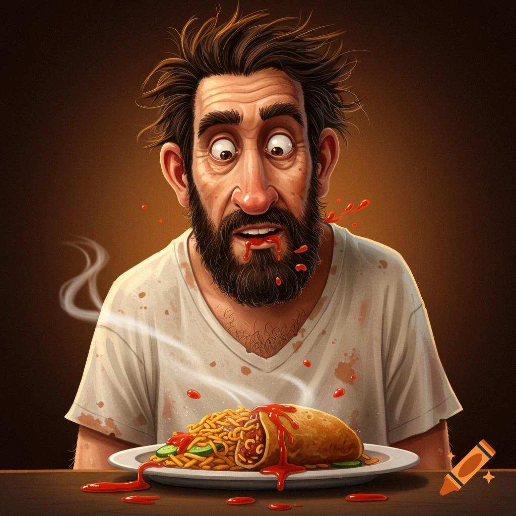 A cartoon man with sauce dripping from his mouth stares wide-eyed at a plate of spaghetti.