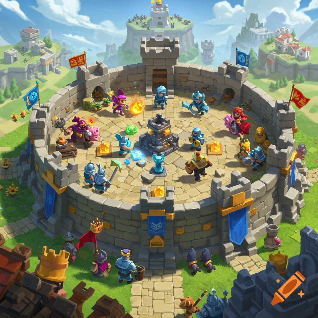 Cartoon fantasy battle in a circular castle arena with various characters.