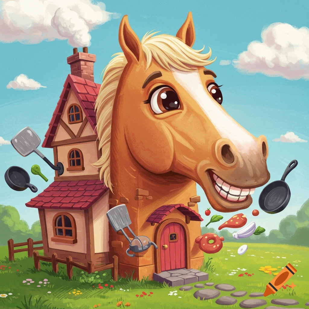 A cartoon house with a horse face, cooking elements, and food flying around.