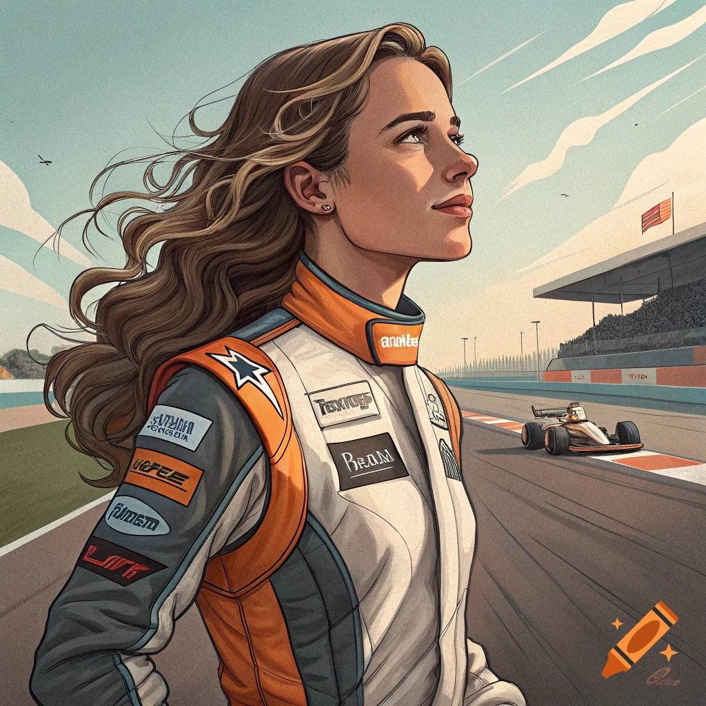 Illustrative portrait of a woman in a race suit on a track, looking up, with a race car behind her.