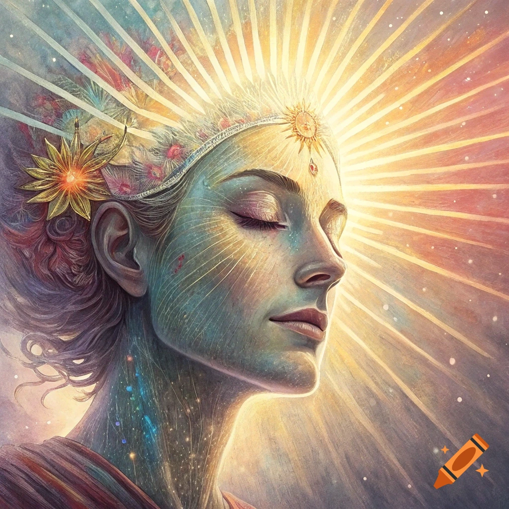Profile portrait of a person with closed eyes, bathed in light rays from above, with abstract spiritual/cosmic patterns.